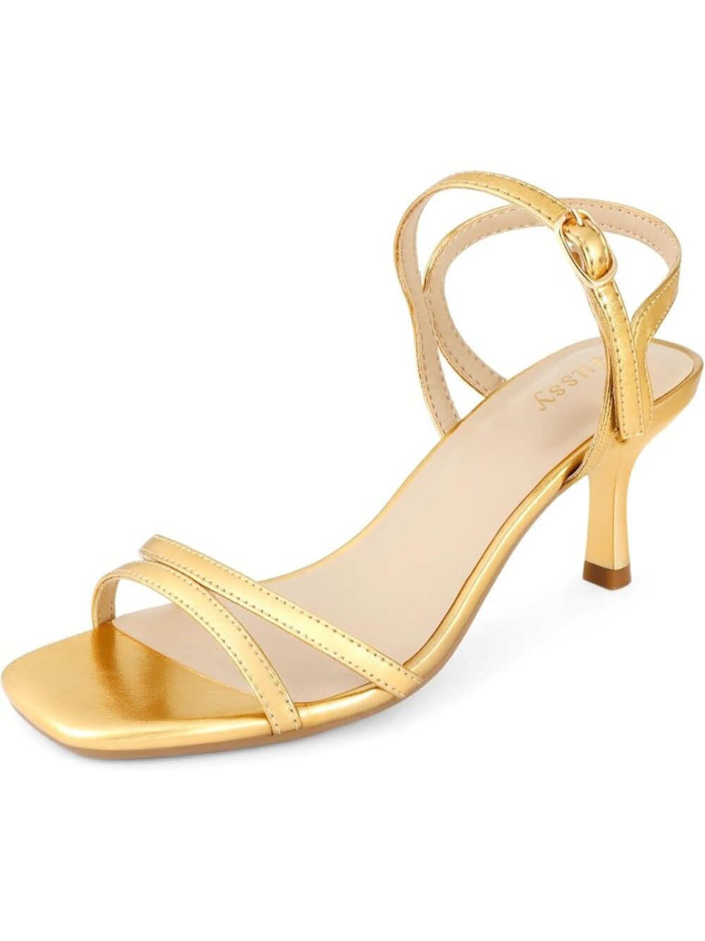 Women's Gold Kitten Heels Square Open Toe Ankle Stylish Strappy Heeled Sandals
